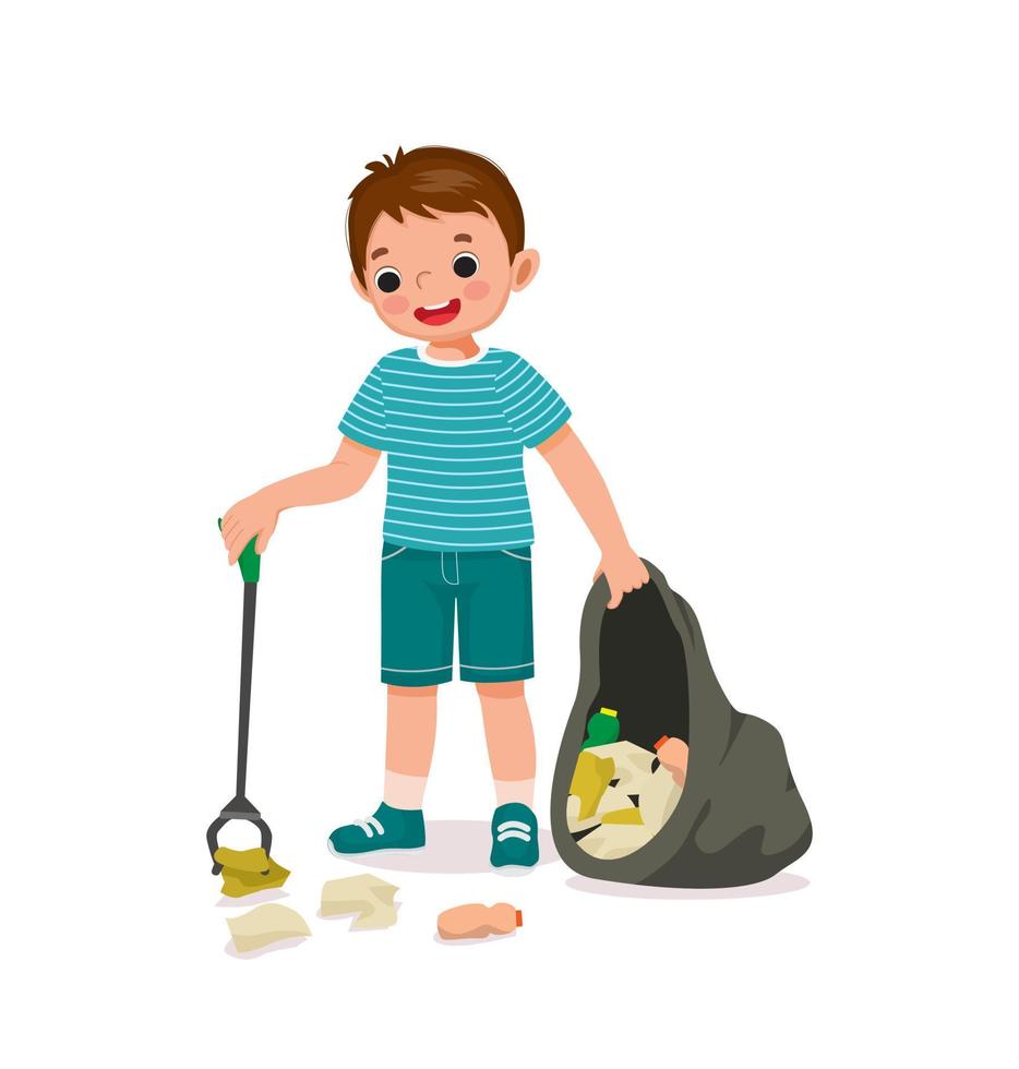 cute little boy collecting plastic bottles and papers waste with litter trash picker stick put into garbage bag for recycling to protect save environment vector