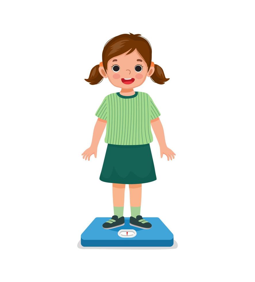 happy little girl child standing on the weighing scale checking her weight vector