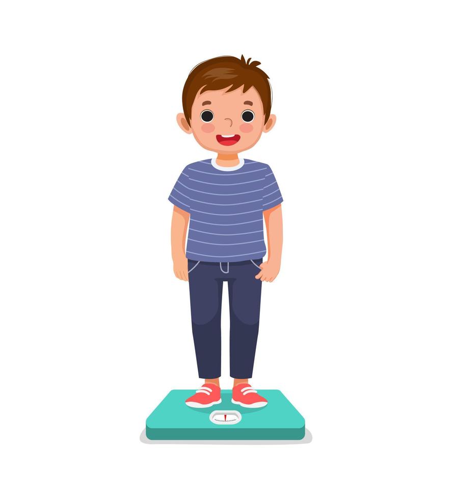 cute little boy child standing on the weighing scale checking his weight vector