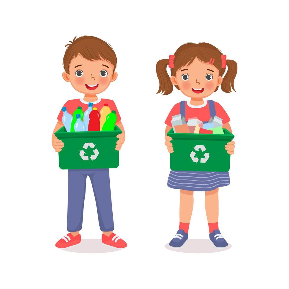 niño lindo niños niño y niña sosteniendo un contenedor de reciclaje lleno de botellas de plástico y papeles basura para la clasificación de residuos vector