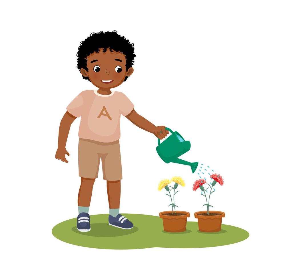 Happy cute little African boy watering plants flowers in the pot with watering can in the garden vector