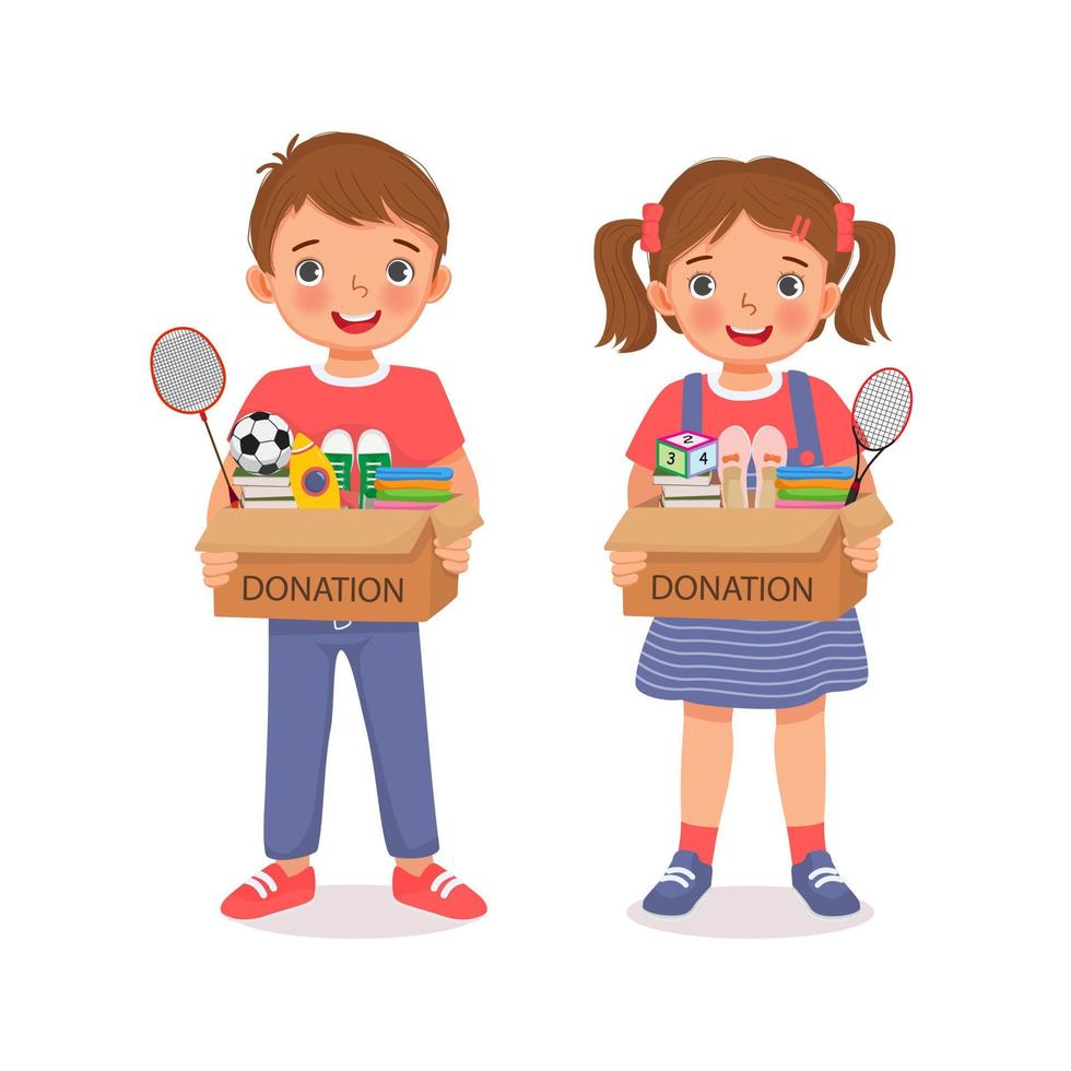 cute little kids boy and girl holding donate box with clothes, shoes, books, school sport items, toys, and stationery for donation vector