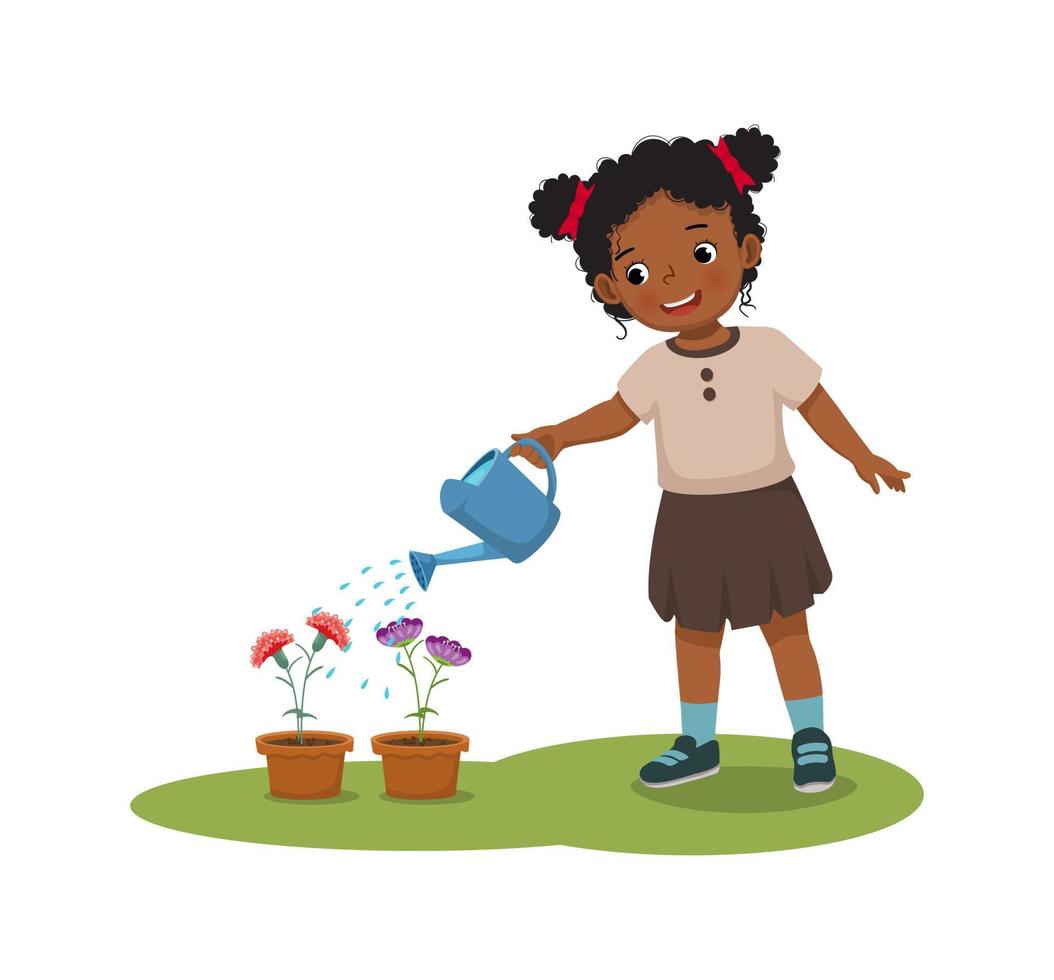 feliz linda niña africana regando plantas flores en la olla con regadera en el jardín vector