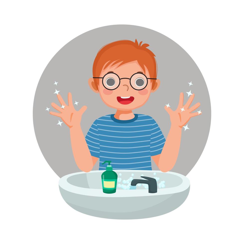 Happy cute little boy showing his clean hands after washing hands with antibacterial soap and running water at the sink and as prevention against Virus and Infection and personal hygiene vector