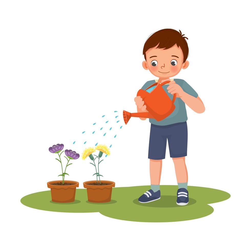 Happy cute little boy watering plants flowers in the pot with watering can in the garden vector