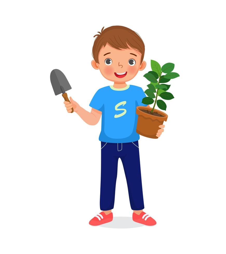 cute little boy holding potted plant and shovel in the garden vector