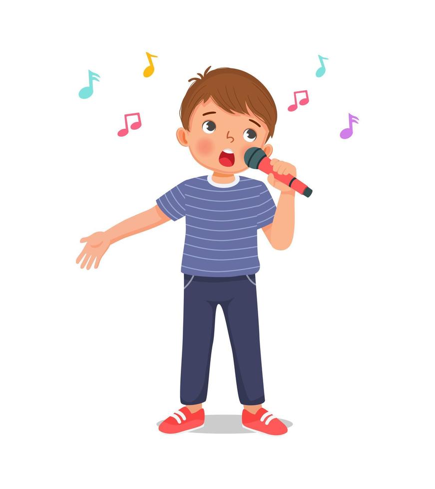 niño feliz cantando una canción con un micrófono vector