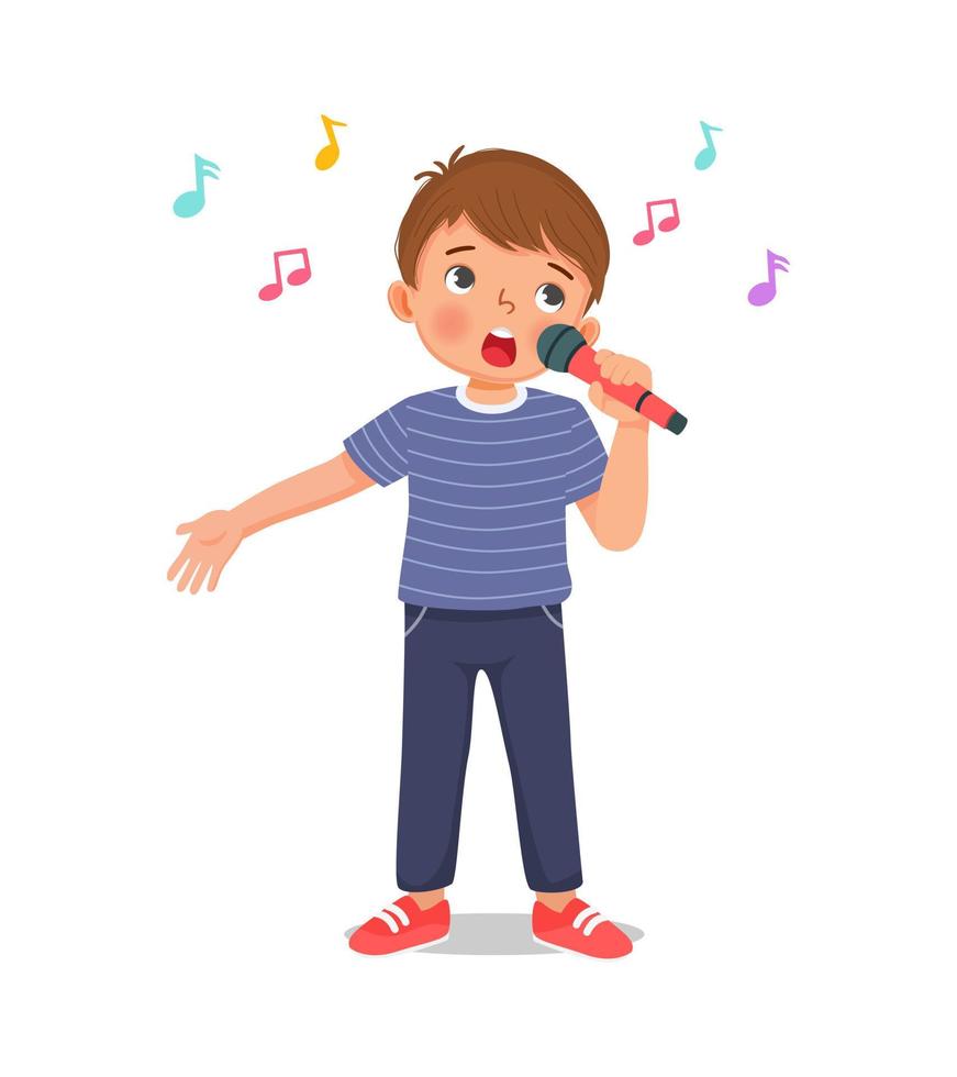 happy little boy singing a song with a microphone vector