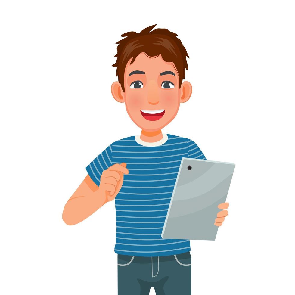 handsome young man holding and using a digital smart tablet device by touching the screen for reading news, browsing Internet, watching videos and checking social networks vector