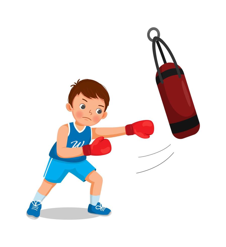 Cute little boy boxer wearing boxing gloves hitting the punching bag training and exercising in the gym vector