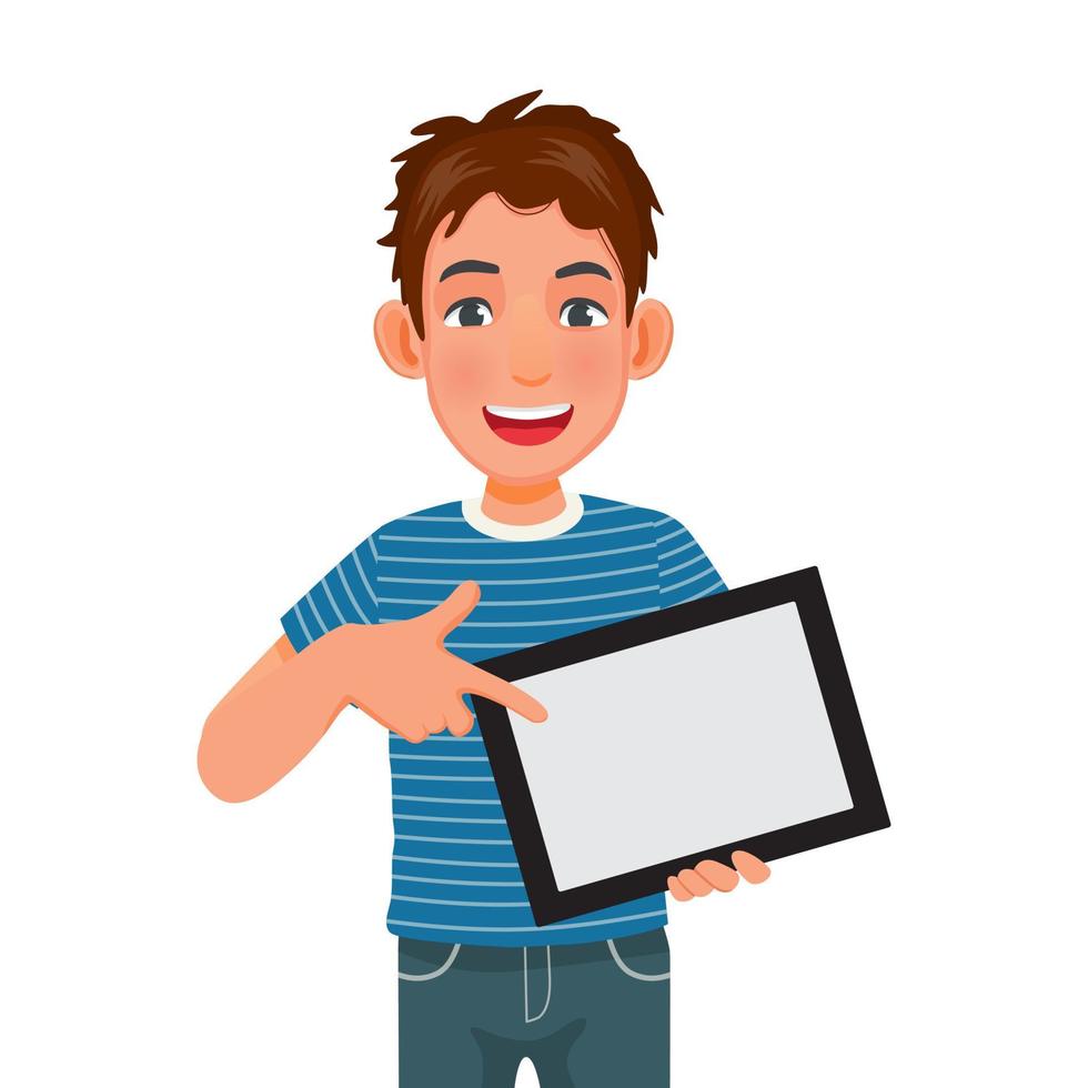 handsome young man holding and pointing finger to a digital smart tablet device with empty screen for copy space, texts, announcement messages and advertising content vector