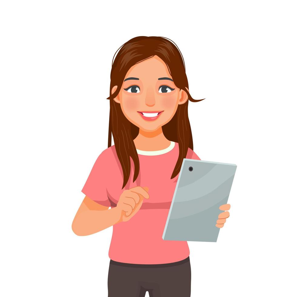 beautiful young woman holding and using a digital smart tablet device for reading news, browsing Internet, watching videos and checking social networks vector