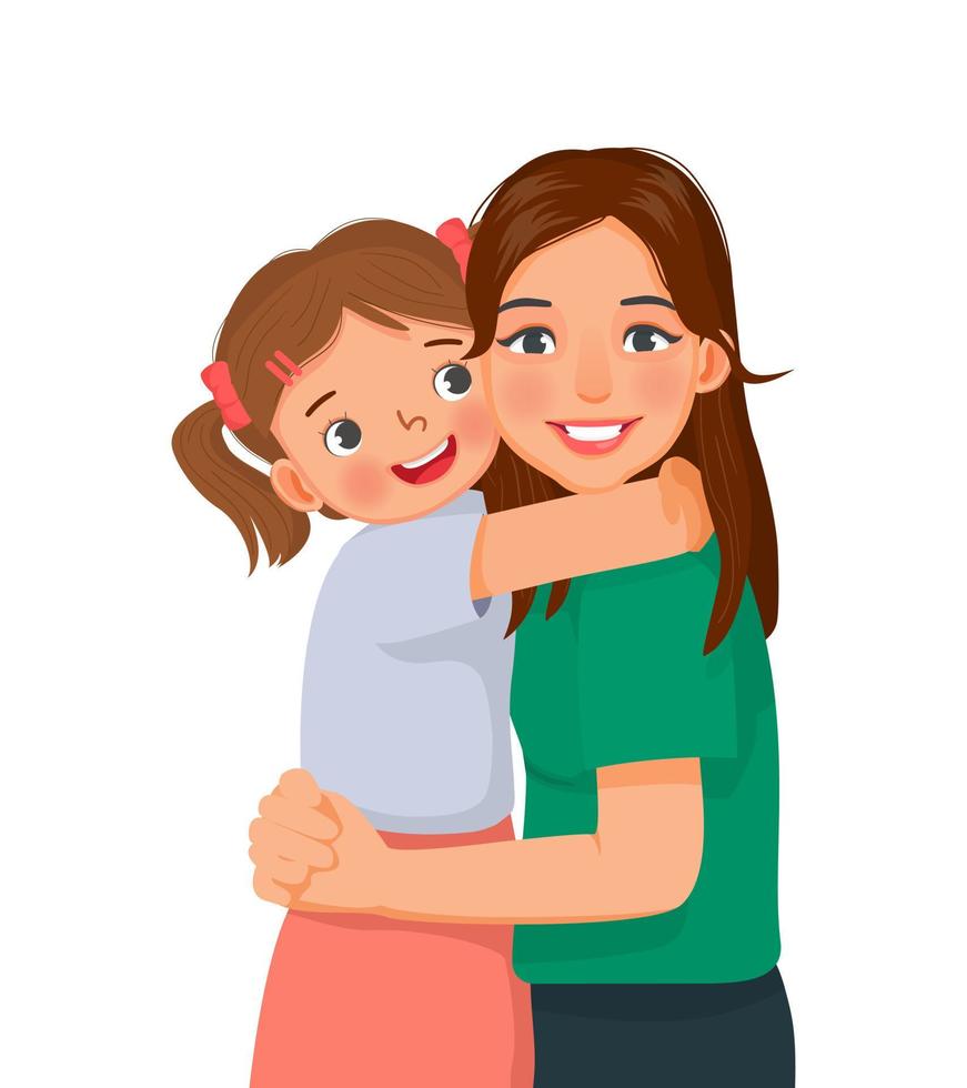 Beautiful young woman hugging her daughter showing mother love by embracing her cute little girl vector