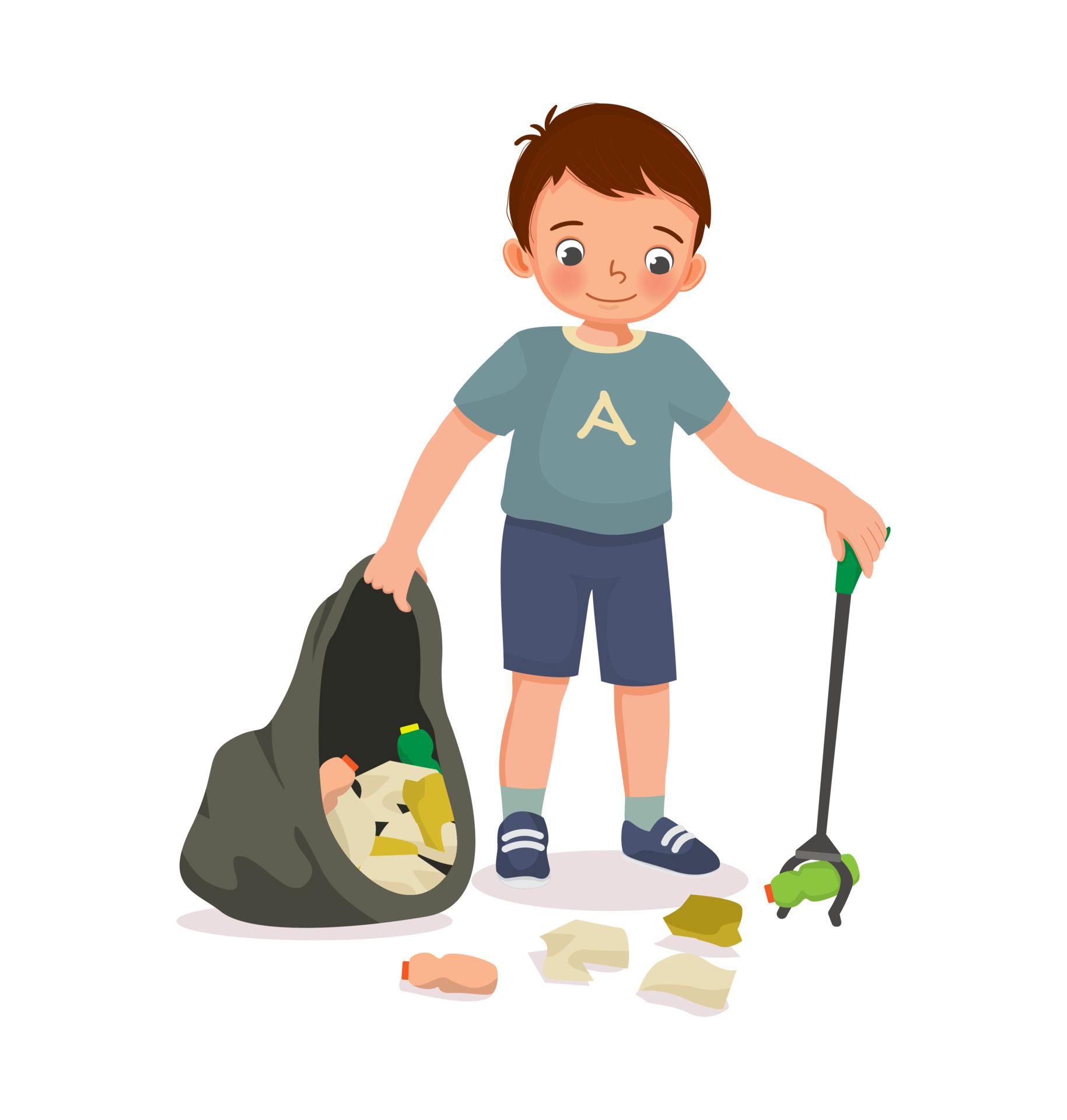 Happy little boy collecting plastic bottles and papers waste with