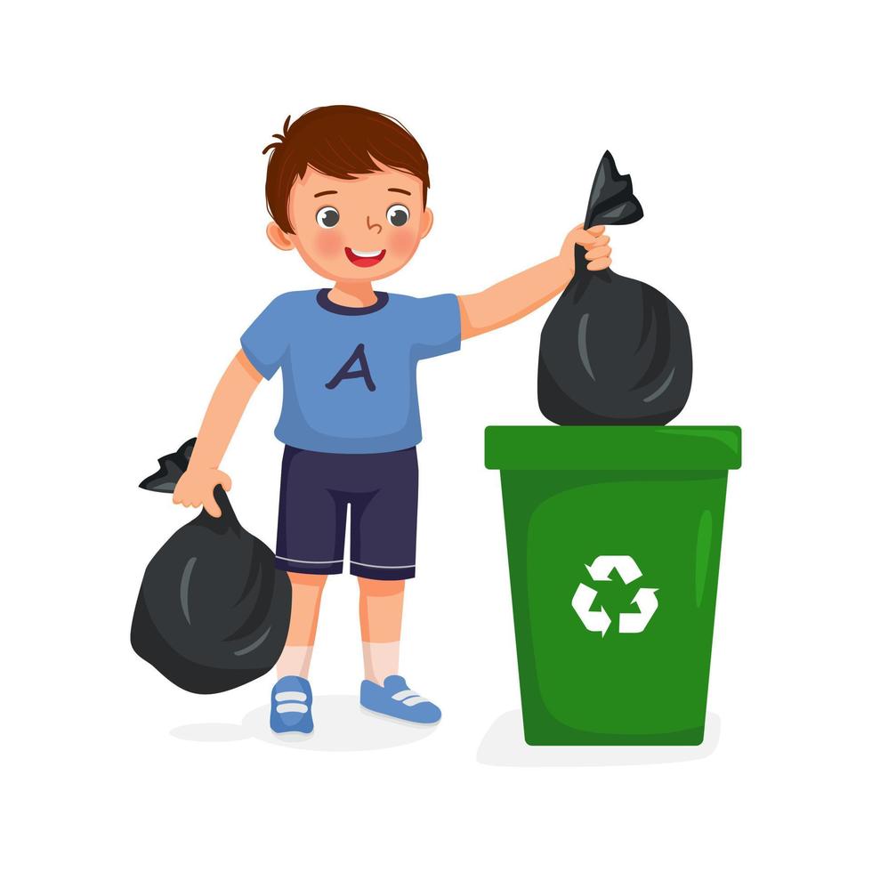 cute little boy taking out the trash in garbage bag into recycling bin. Kids doing daily routine housework chores at home vector
