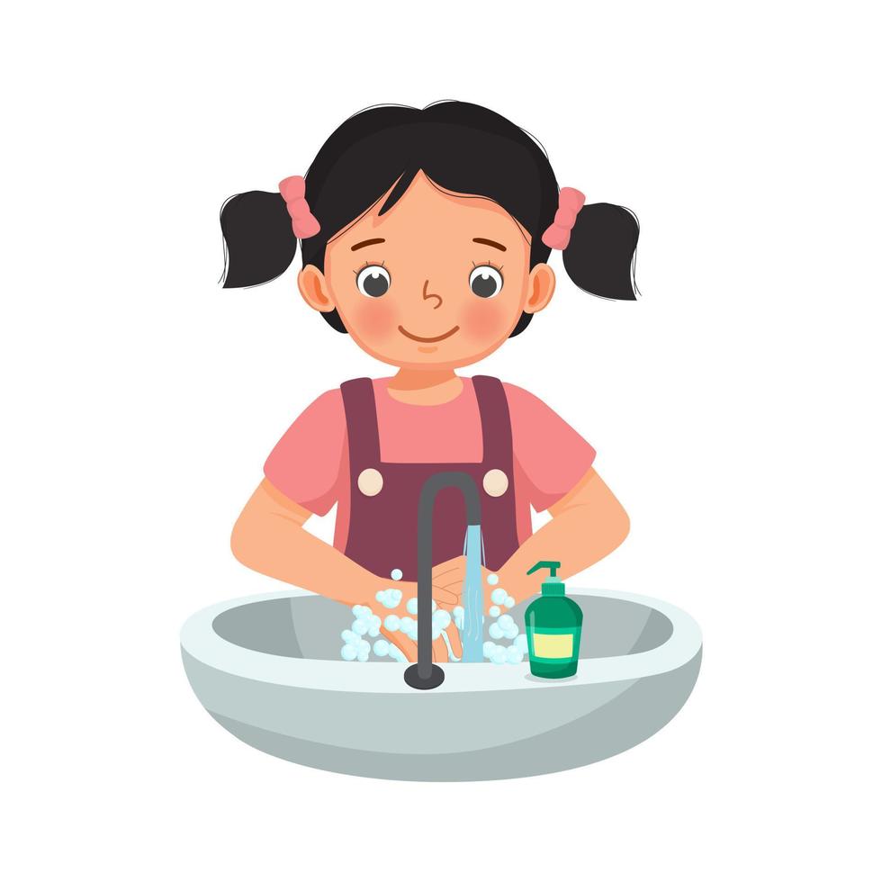 Cute Young Girl washing hands with antibacterial soap and running water under faucet at the sink as prevention against Virus and Infection and personal hygiene vector