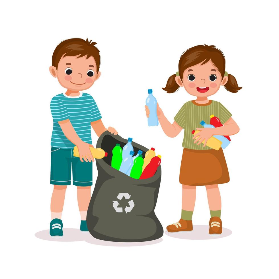 cute happy child kids boy and girl collecting and picking up plastic bottles into garbage bag for recycling help to protect save environment vector
