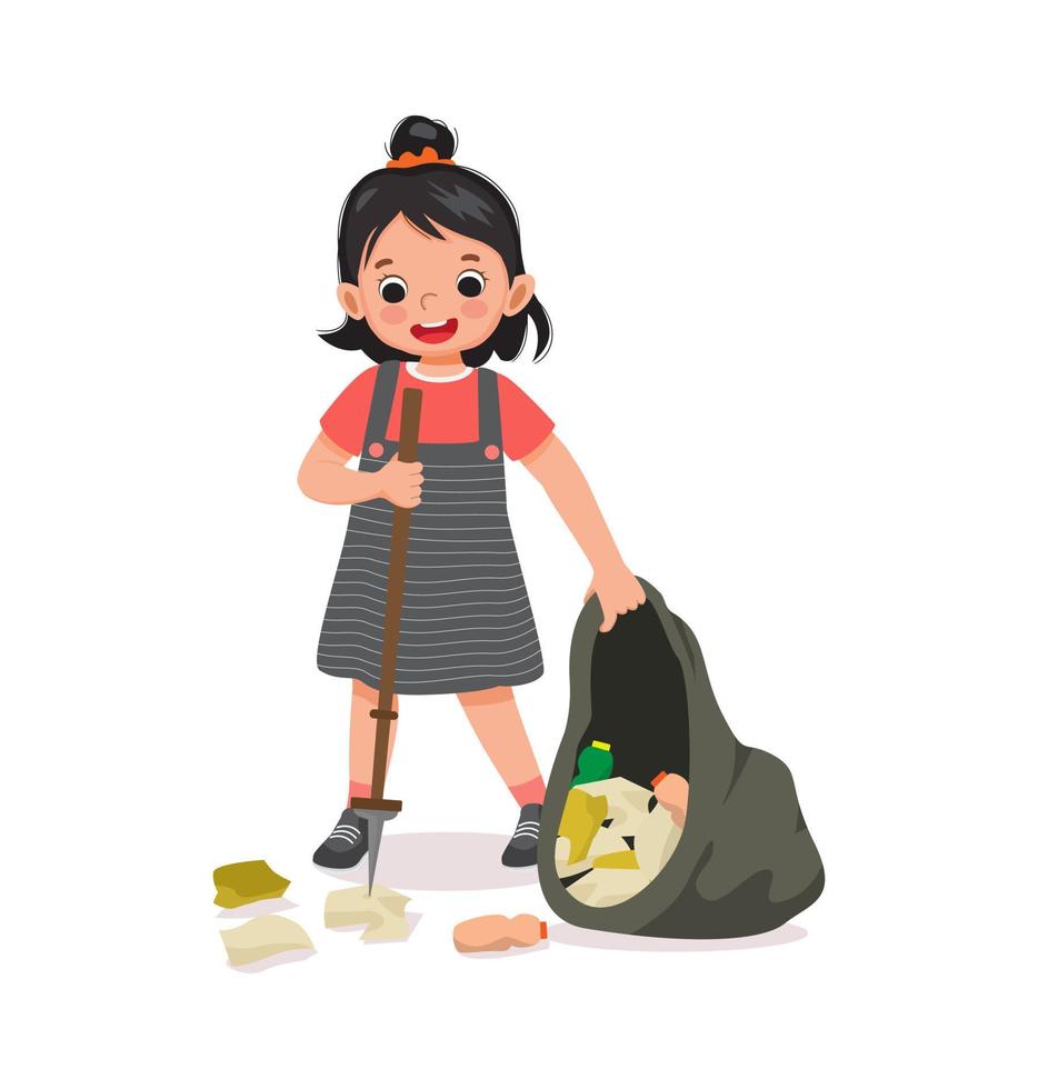 Happy little girl collecting plastic bottles and papers waste with litter picker stick put into garbage bag for recycling to save protect environment vector