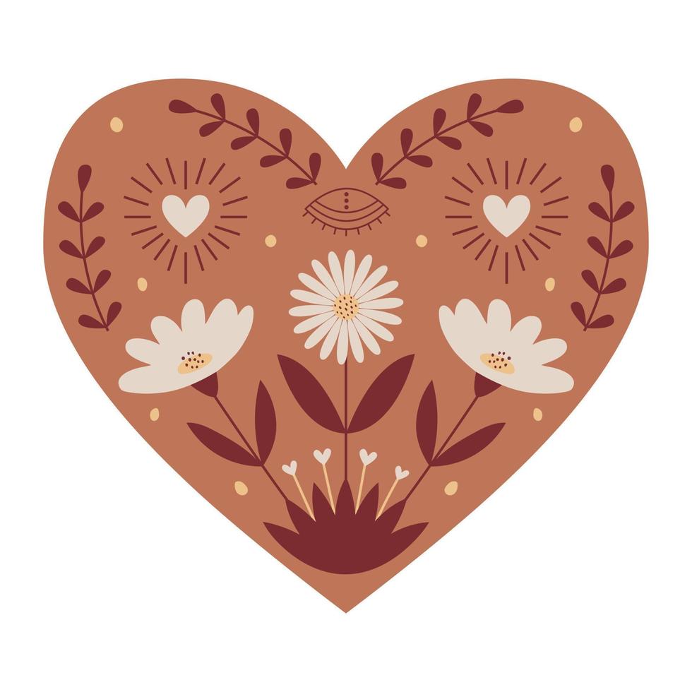 Symmetrical Mystical Heart with boho elements, eye, flowers, hearts and twigs. Decorative element for Valentine's day cards, packaging design. Color vector illustration isolated on a white background.