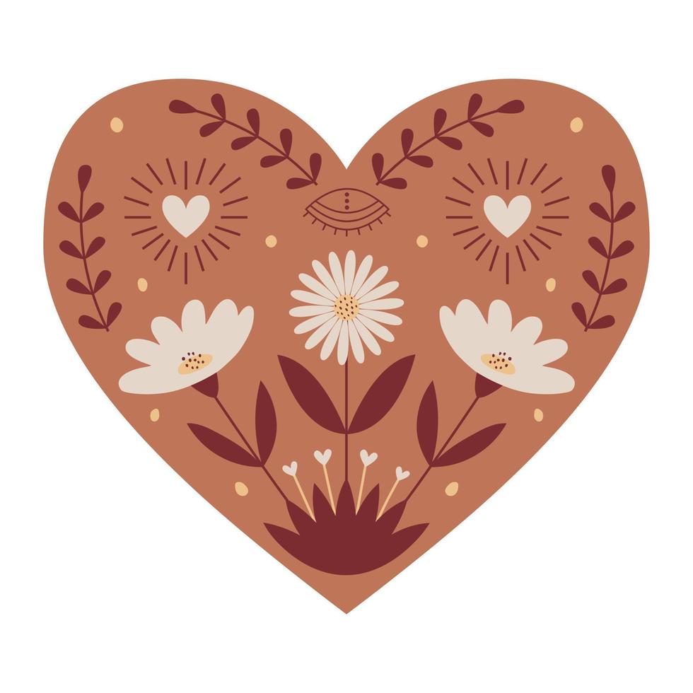 Symmetrical Mystical Heart with boho elements, eye, flowers, hearts and twigs. Decorative element for Valentine's day cards, packaging design. Color vector illustration isolated on a white background.