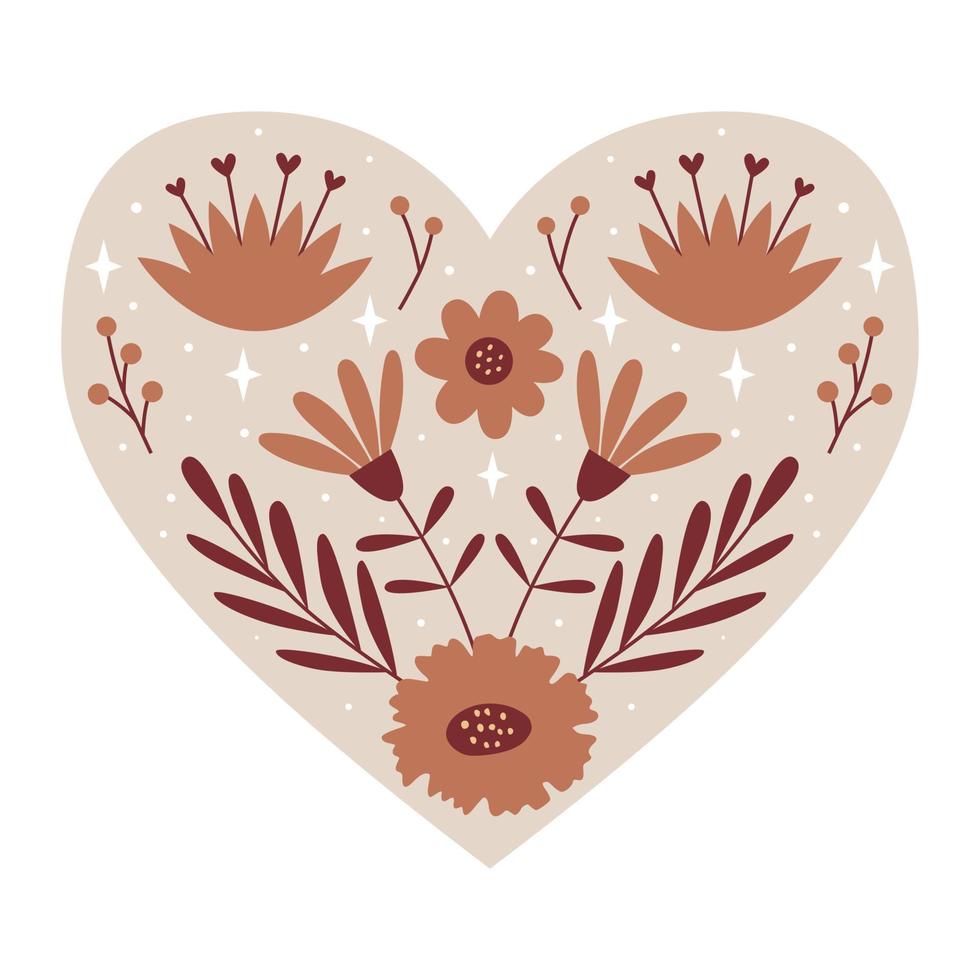 Symmetrical Botanical Heart with floral elements, buds and twigs. Decorative element for Valentine's day cards, packaging design. Color vector illustration isolated on a white background.