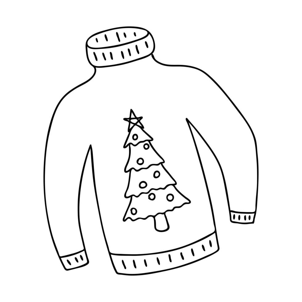 Sweater with Christmas tree. Doodle-style. The sketch is hand-drawn and isolated on a white background. Element of new year and Christmas design. Outline drawing. Black-white vector illustration.