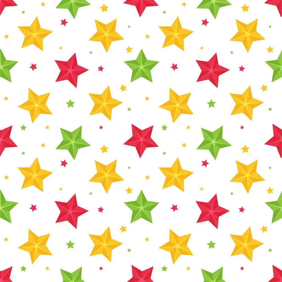 Bright seamless pattern with multi-colored stars on a white background. Great for wrapping paper, gift boxes, fabric. Flat - style objects are isolated and hidden under a mask. Vector illustration.