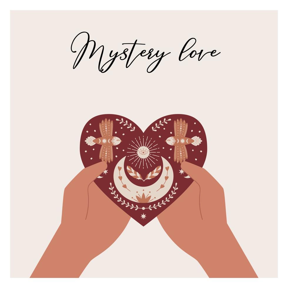 A postcard with hands holding a heart with celestial and boho symbols, a crescent moon, birds, twigs, the sun. Mystical, esoteric vector illustration isolated on a white background.