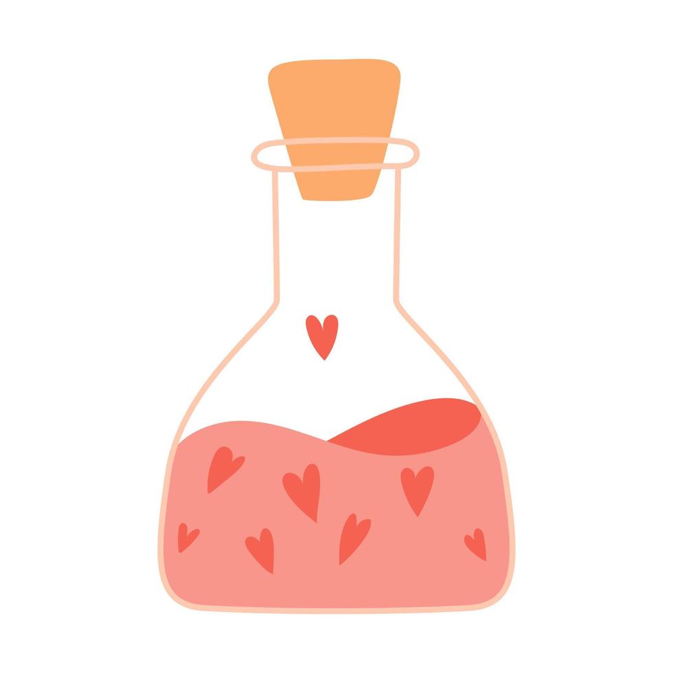 A flask with a cork, hearts and pink liquid. Love elixir, love potion. Decorative element for Valentine's day cards. Color vector illustration isolated on a white background.