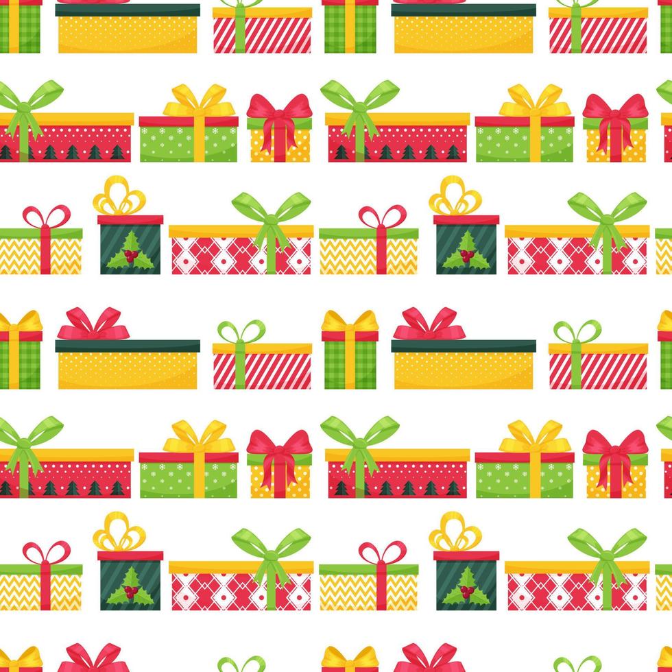 Bright seamless pattern with multi-colored gift boxes on a white background. Great for wrapping paper, gift boxes. Flat objects are isolated and hidden under a mask. Easy to edit. Vector illustration