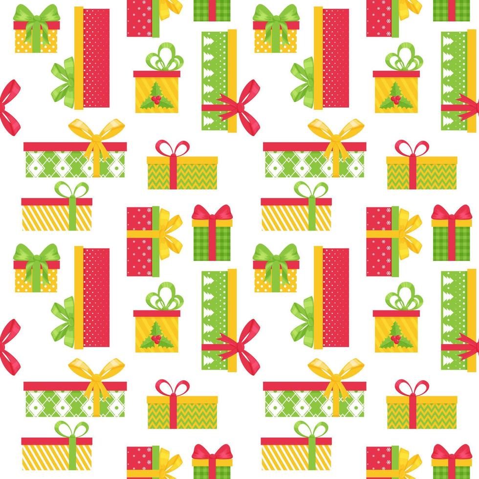 Bright seamless pattern with multi-colored gift boxes on a white background. Great for wrapping paper, gift boxes. Flat objects are isolated and hidden under a mask. Easy to edit. Vector illustration