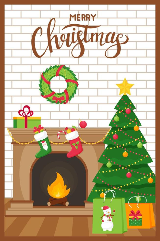 plantilla de año nuevo, tarjeta de felicitación de navidad con las palabras feliz navidad. chimenea, árbol de Navidad y bolsas de regalo en el fondo de una pared de ladrillos. concepto en un estilo plano símbolos de navidad. vector