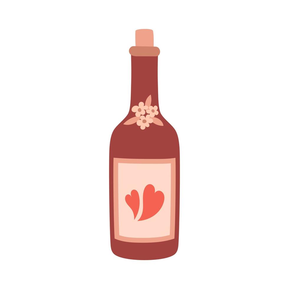 botella de vino de cristal con corcho, flores y corazones. bebida, vino, símbolo de romance, amor. un elemento decorativo para el día de san valentín. ilustración vectorial de color aislada en un fondo blanco. vector