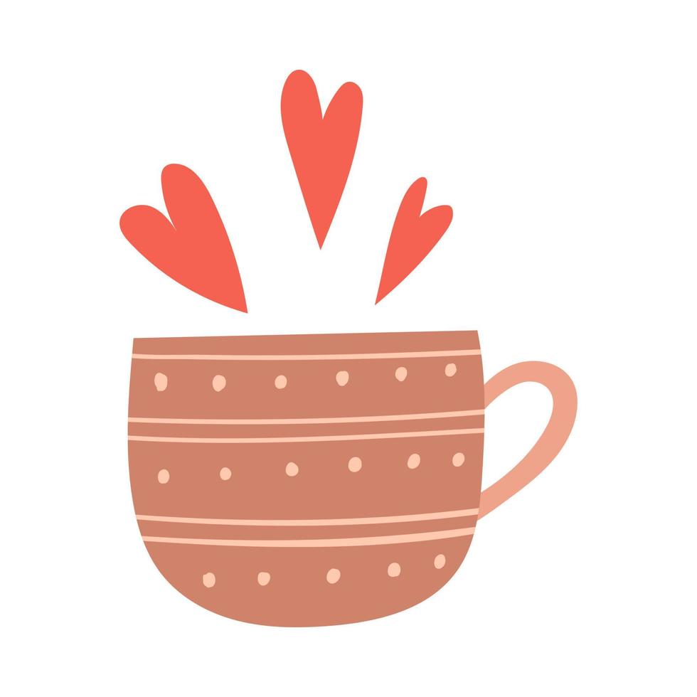 una taza con un patrón y corazones. una taza con una bebida. elemento decorativo para tarjetas de san valentín. ilustración de vector de color plano simple aislada sobre fondo blanco.