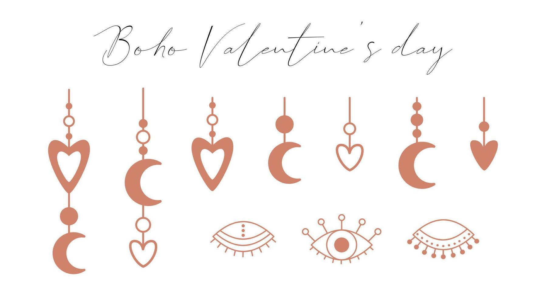 A set of boho elements with hearts, a crescent moon, open and closed eyes. Boho symbols, pendants with a heart. Decorative elements for Valentine's Day. Color vector illustrations isolated on white.