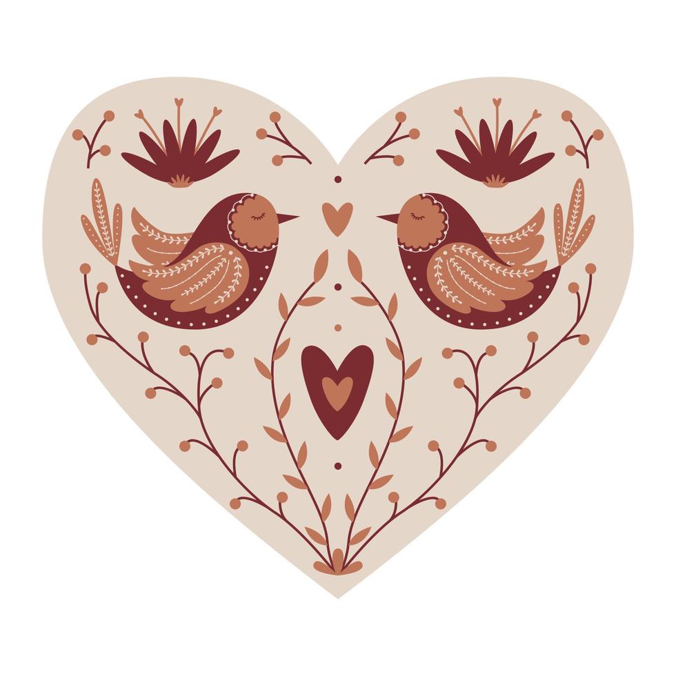 Symmetrical Mystical Heart with birds, twigs, hearts. Decorative element for Valentine's day cards, packaging design. Color vector illustration isolated on a white background.