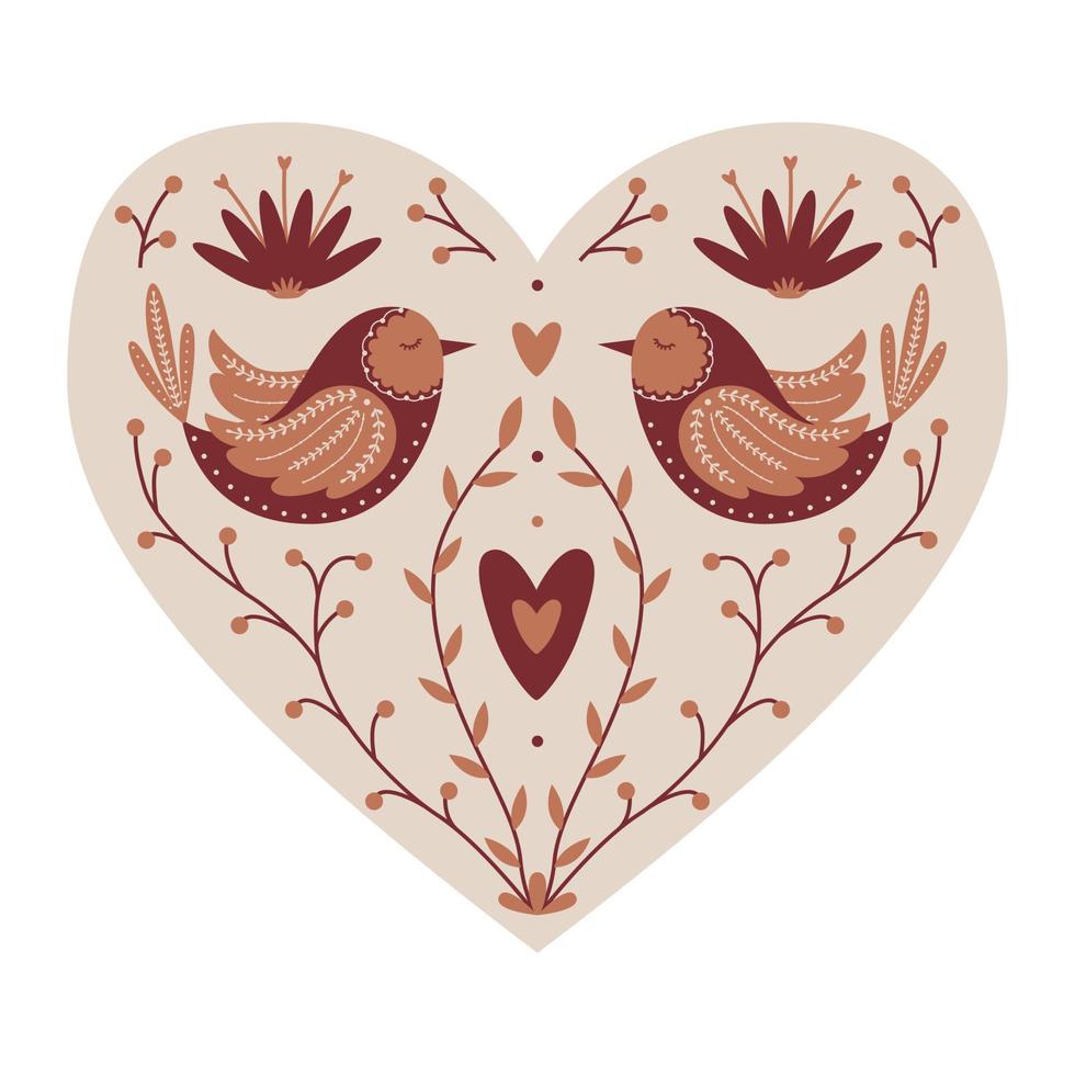 corazón místico simétrico con pájaros, ramitas, corazones. elemento decorativo para tarjetas de san valentín, diseño de embalaje. ilustración vectorial de color aislada en un fondo blanco. vector