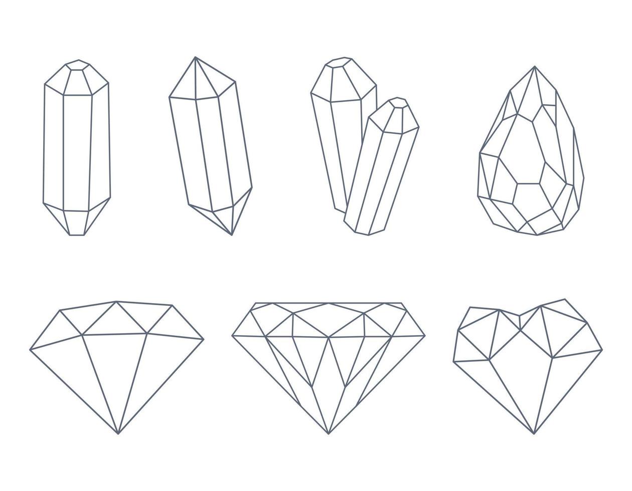 un conjunto de cristales, diamantes, cuarzos, piedras preciosas. esbozar elementos decorativos. ilustraciones vectoriales aisladas en un fondo blanco.' vector