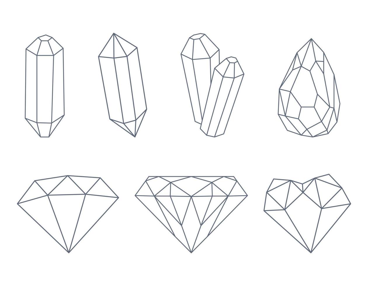A set of crystals, diamonds, quartz, gemstones. Outline decorative elements. Vector illustrations isolated on a white background.'