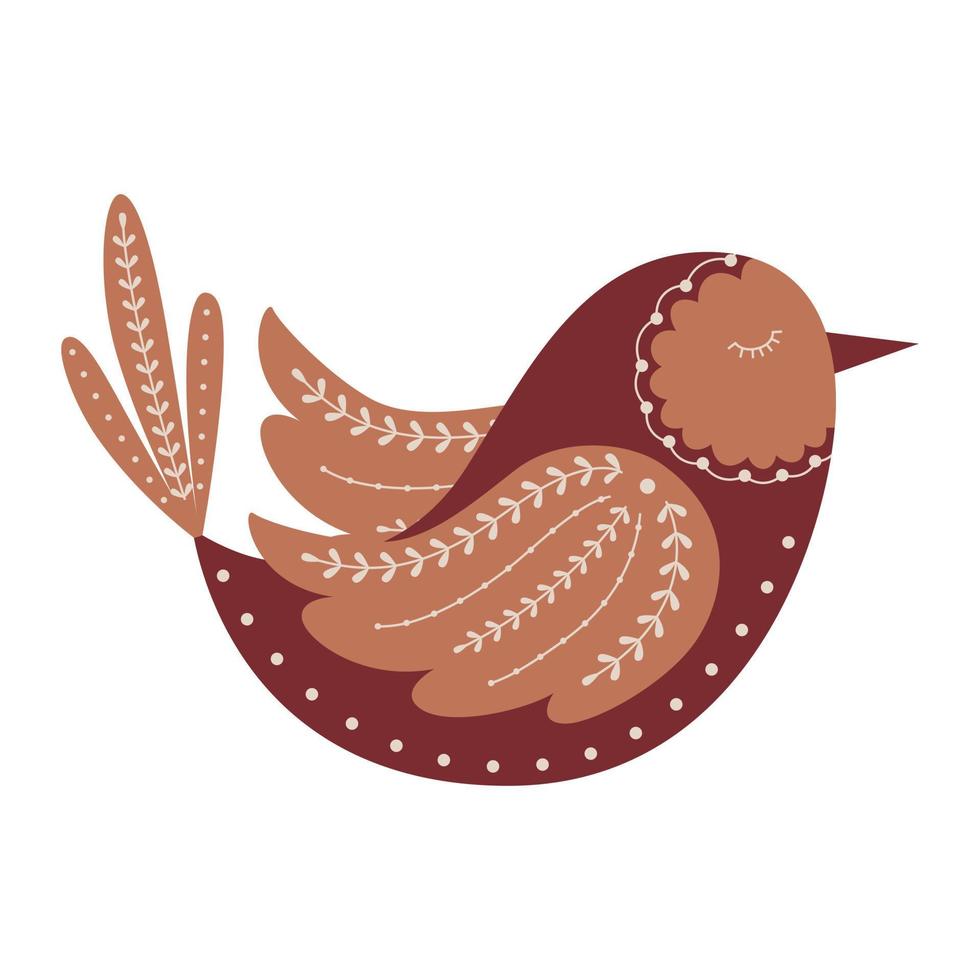 A flying beige-brown bird with closed eyes. With folk elements, twigs, dots. A mysterious decorative element for design. Color vector illustration isolated on a white background.