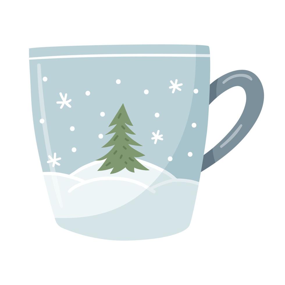 A blue mug with a winter landscape, snowdrifts and a Christmas tree. A hand-drawn flat cup with a hot drink. The design element is isolated on a white background. Color vector illustration.