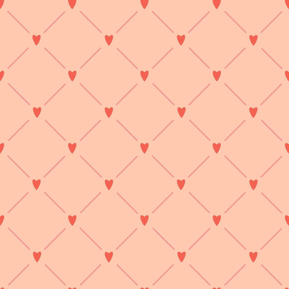 A simple seamless minimalistic pattern with red hearts and stripes on a light pink background. Perfect for Valentine's day packaging and wrapping paper design. Vector illustration.