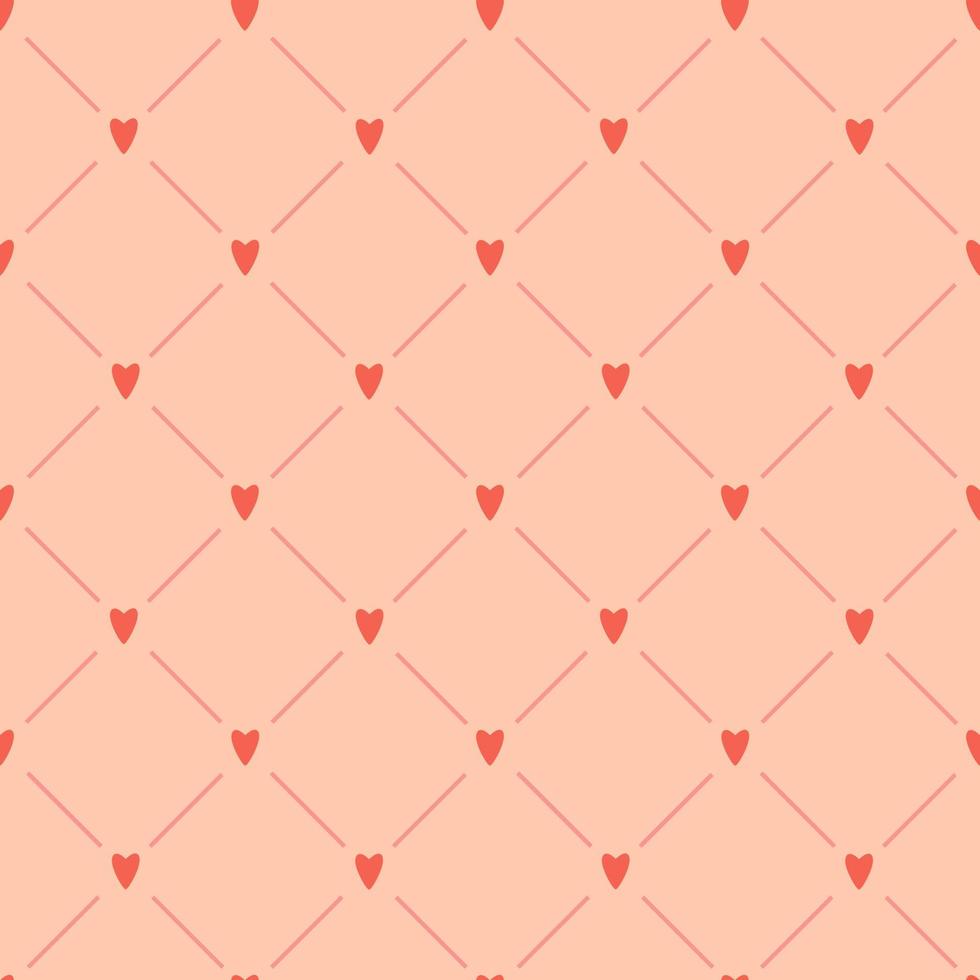 A simple seamless minimalistic pattern with red hearts and stripes on a light pink background. Perfect for Valentine's day packaging and wrapping paper design. Vector illustration.