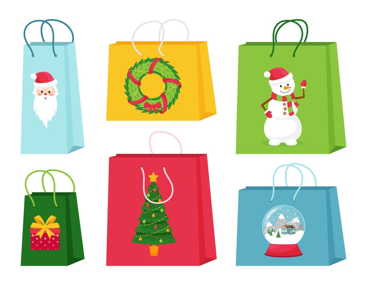 A set of gift or shopping bags with Christmas elements. Cute illustrations with characters and symbols of Christmas. Isolated vector illustrations on a white background.