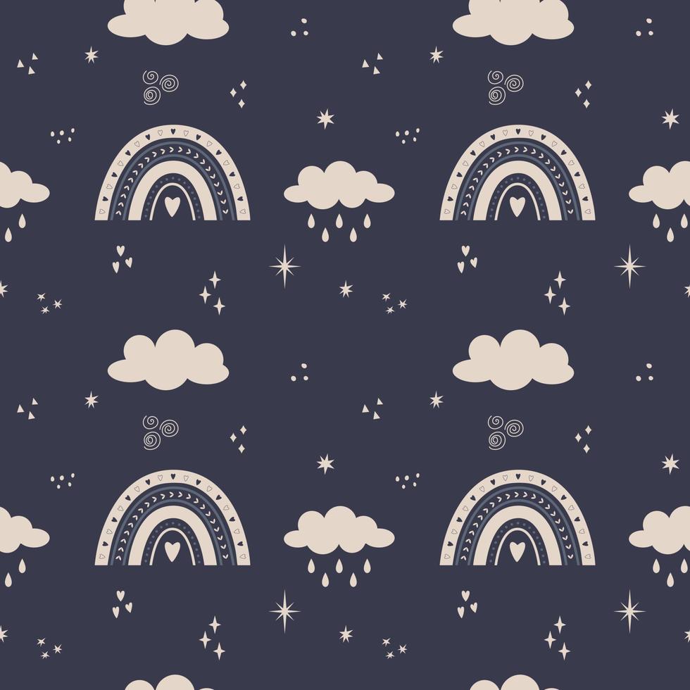 Vector Seamless pattern with boho rainbow, clouds, stars, rain on a dark background. Backdrop for wrapping paper, scrapbooking, fabric, baby textiles, wallpaper, pillows, stationery