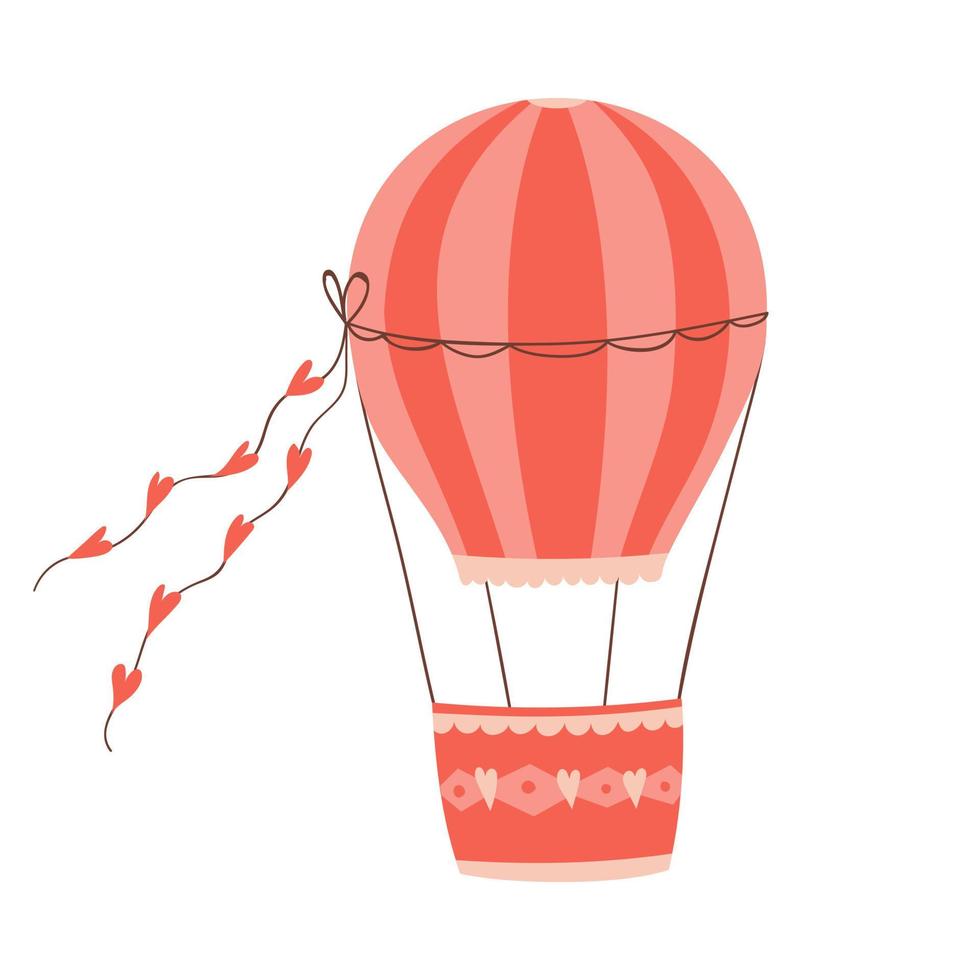 Red empty hot air balloon with hearts. Cute decorative element for Valentine's Day greeting cards. Vector illustration isolated on a white background.