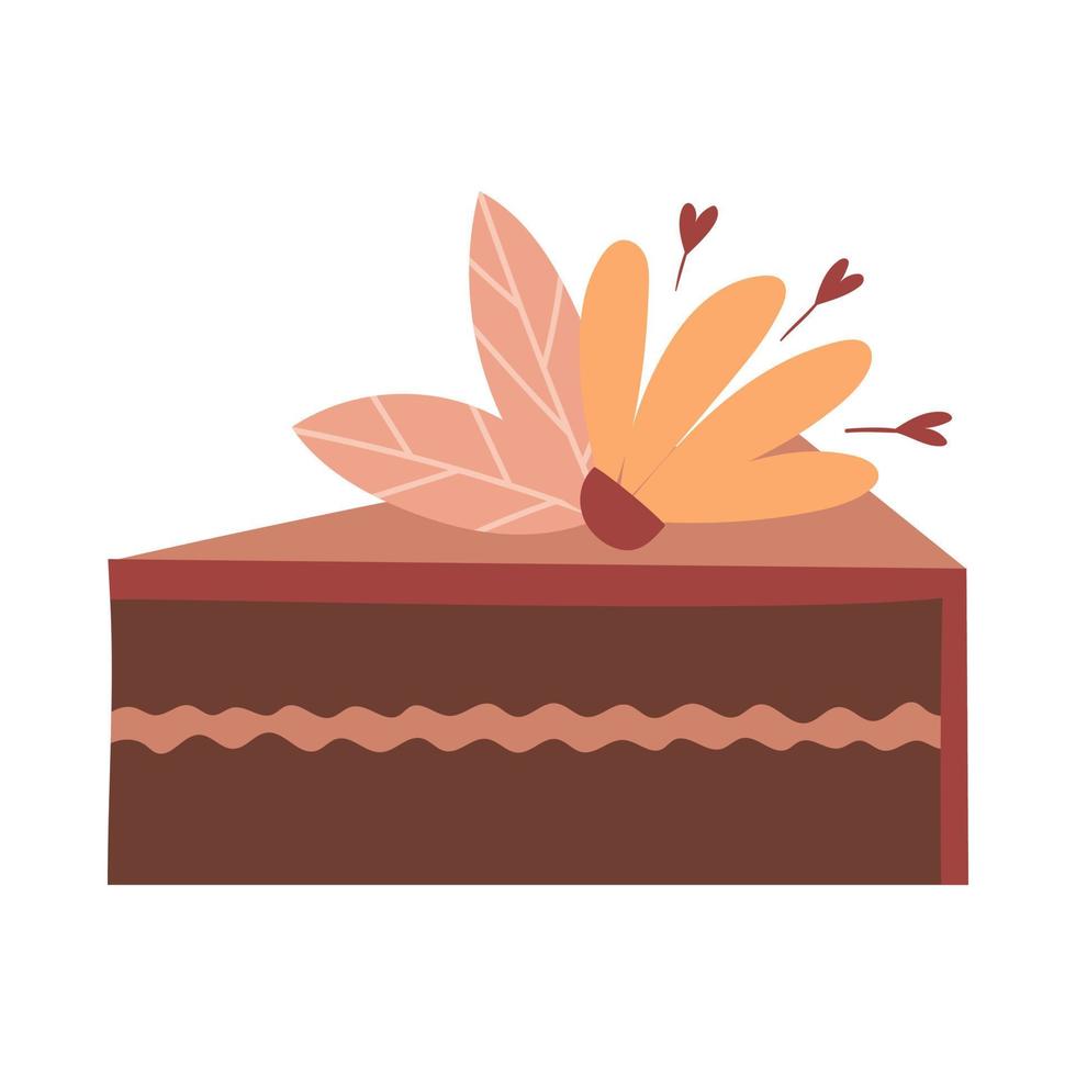 A cut piece of cake with layers, cream and a flower. Sweet food, pastries. A decorative element for Valentine's Day. Color vector illustration isolated on a white background.