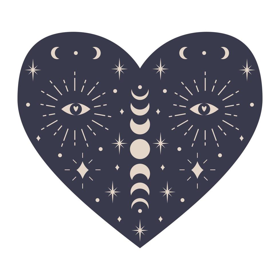 Symmetrical Mystical Heart with celestial elements, moon phases, crescent moon, stars, eye. Decorative element for Valentine's day cards, packaging design. Color vector illustration isolated on white.