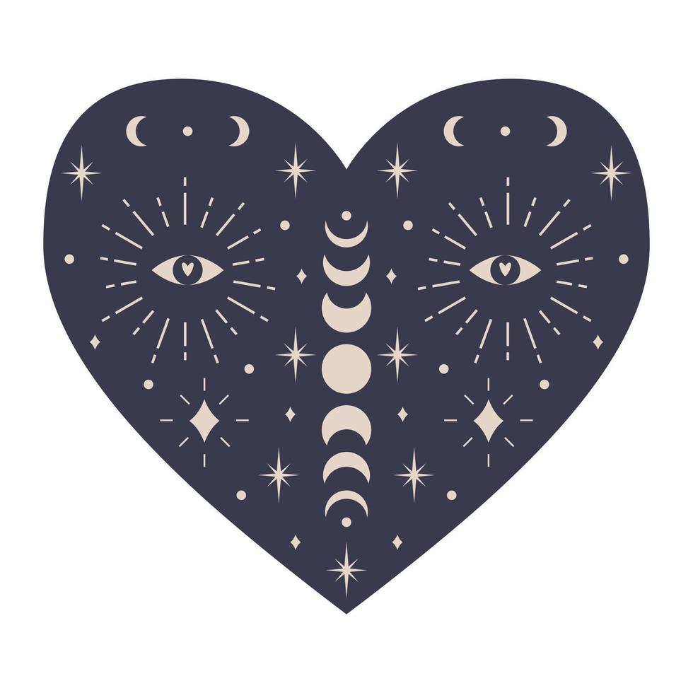 corazón místico simétrico con elementos celestiales, fases lunares, luna creciente, estrellas, ojo. elemento decorativo para tarjetas de san valentín, diseño de embalaje. ilustración de vector de color aislado en blanco.