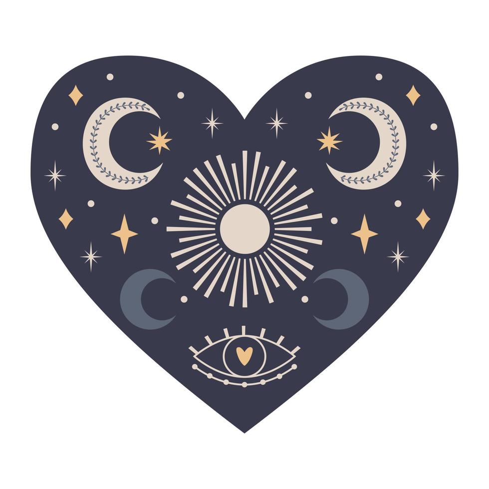 Symmetrical Mystical Heart with celestial and boho elements, moon, sun, stars, eye. Decorative element for Valentine's day cards, packaging design. Color vector illustration isolated on white.
